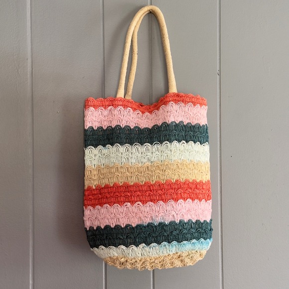 Woven Raffia Crochet Tote Bag Rainbow Stripe Mini Beach Purse Boho Preppy Summer - Picture 1 of 10